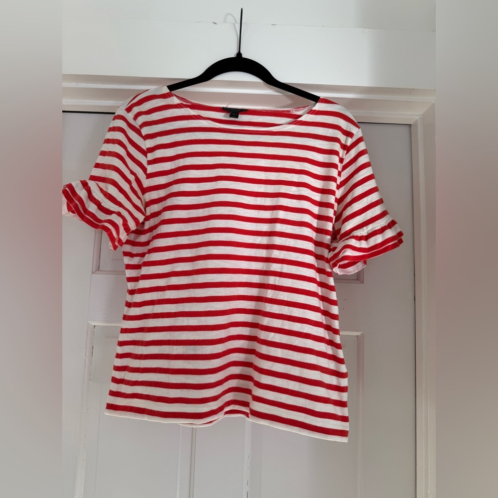 J. Crew Red and White Striped Short Sleeve Ruffle Tee